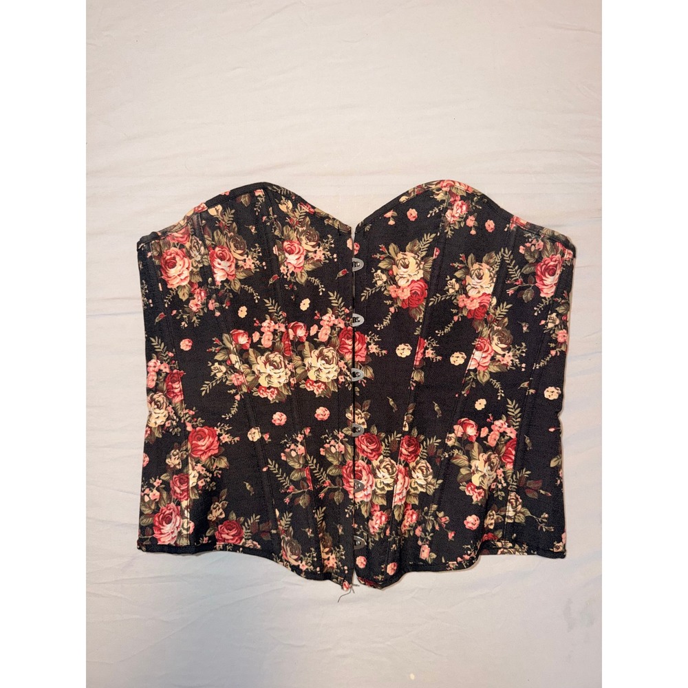 Dora's Secret Floral Corset Top Black Red Rose Lace Up Back Boned Size L‎